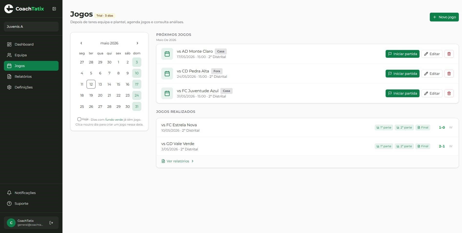 Ecrã de jogos e calendário na CoachTatix