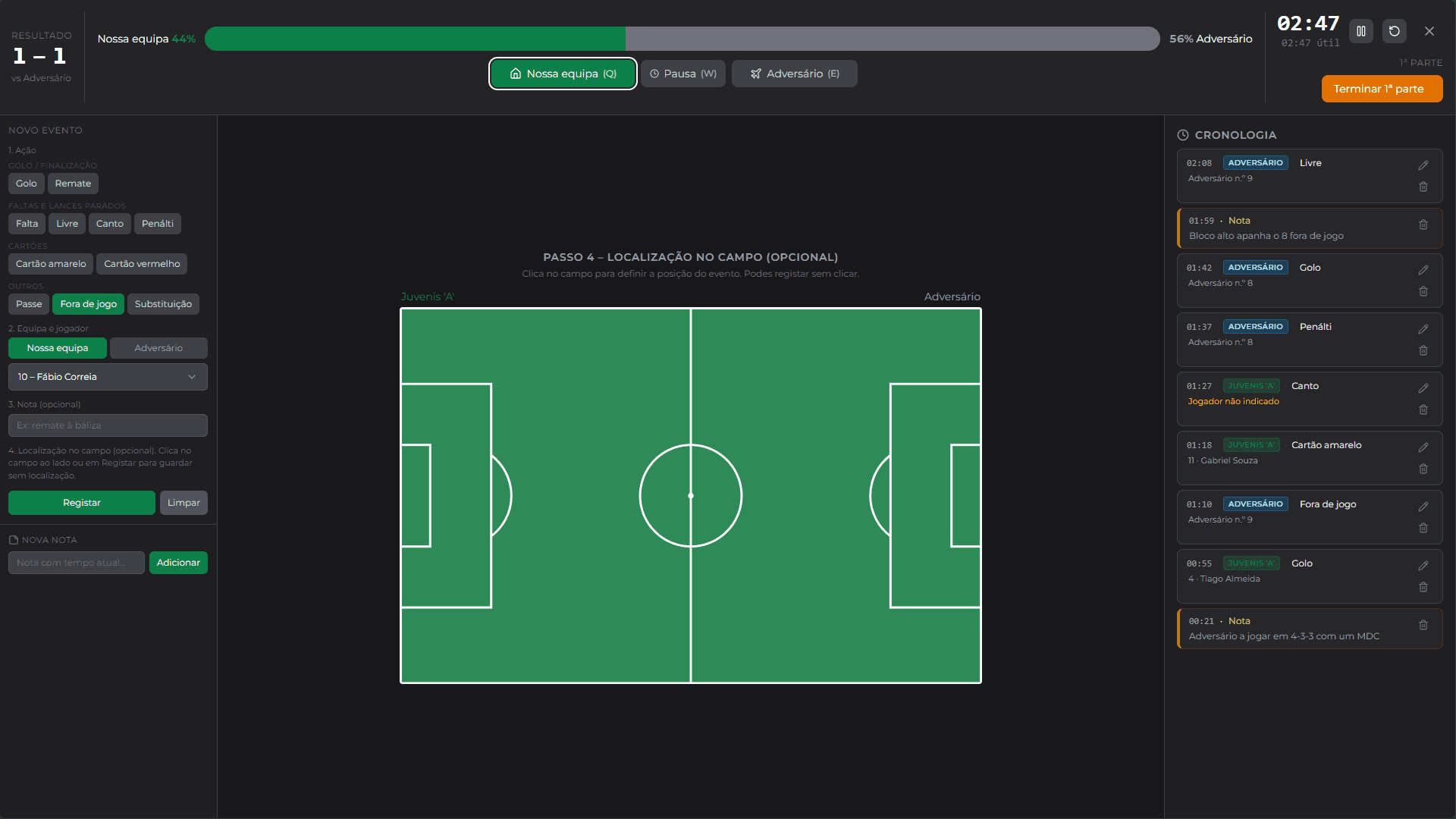 Ecrã de registo ao vivo na CoachTatix