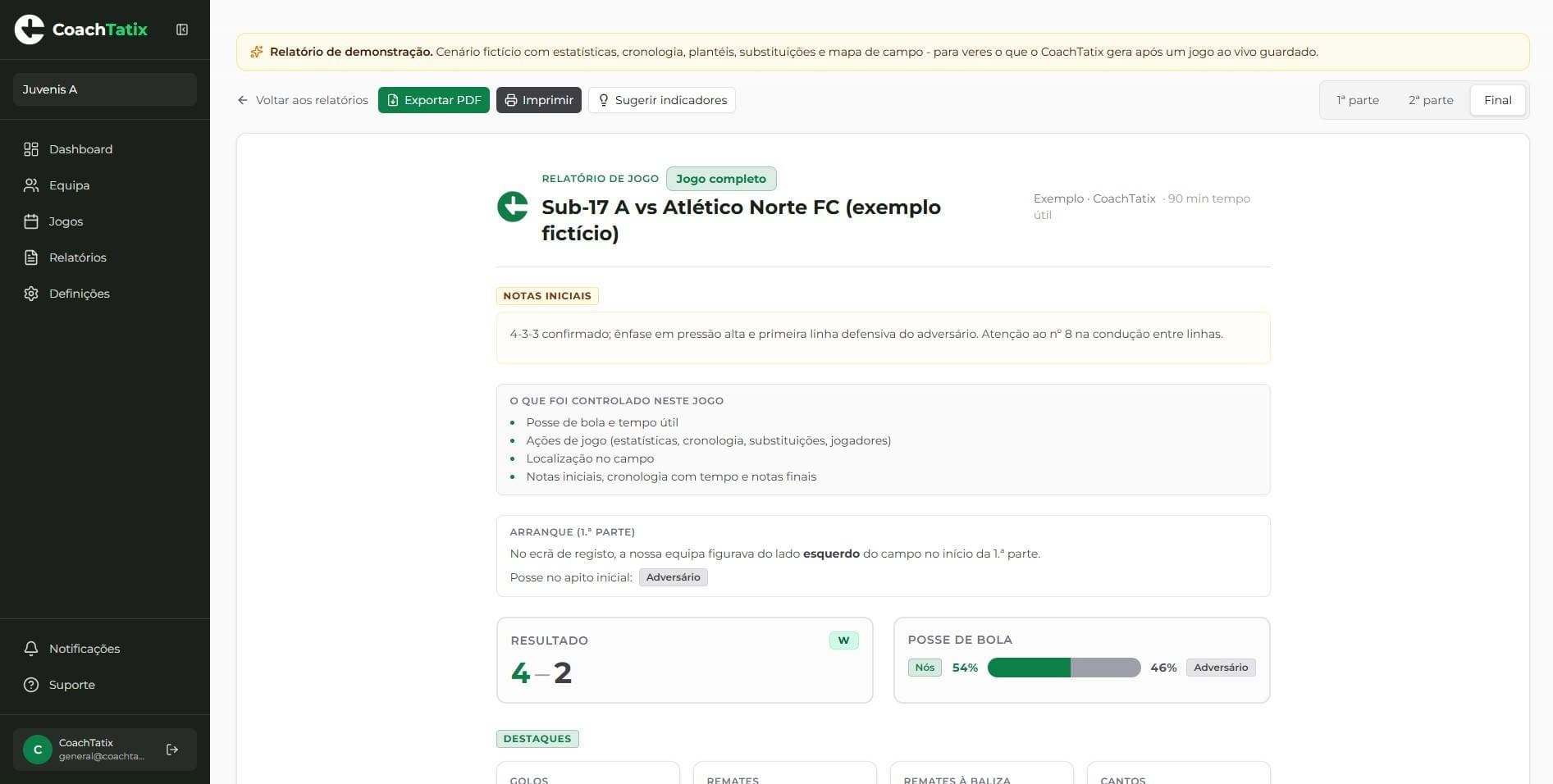 Ecrã de relatório de jogo na CoachTatix